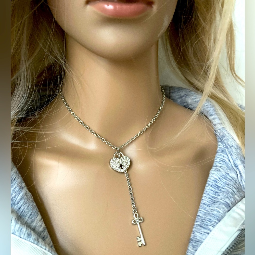 Key and crystal heart pendant silver necklace